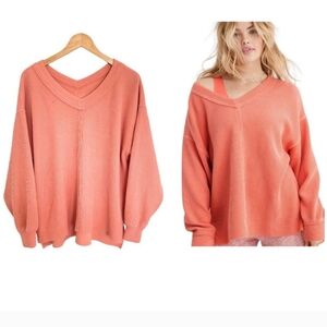 Aerie Wonder Ribbed Textured V-Neck Pullover Sweatshirt Saturn Peach Size SP
